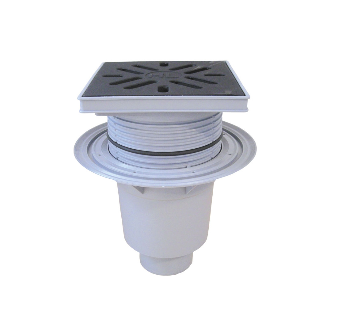 Receptor "Perfekt" HL DN110 cu ieşire verticală,cu flanşă de izolaţie 240x240mm plastic/226x226mm fontă cu obturator de mirosuri cu clapetă anti îngheţ