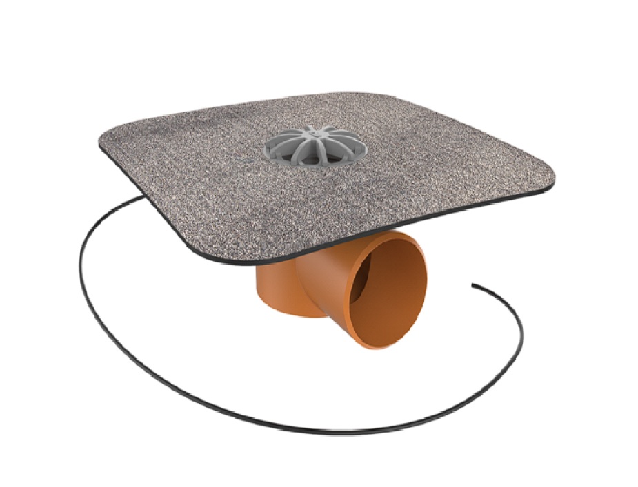 Receptor de balcon cu flanșă din membrană bituminoasă, ieșire orizontală DN75, cu degivrare 230 V